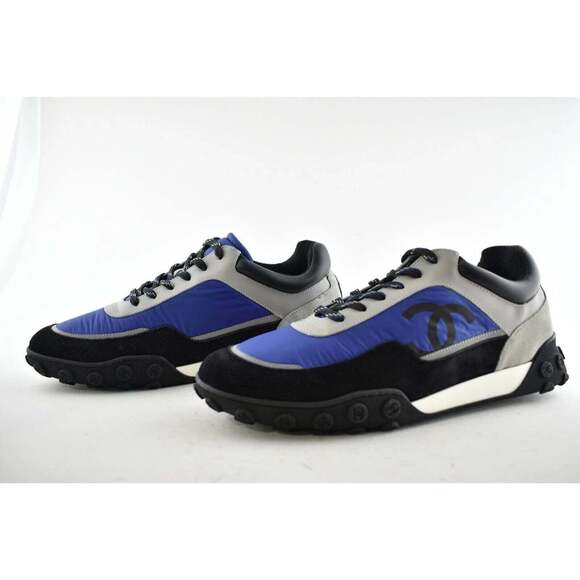 Chanel Mens 18B Black Blue Grey Nylon CC Logo Lace Low Top Trainer Sneaker 43 10 - Picture 8 of 11
